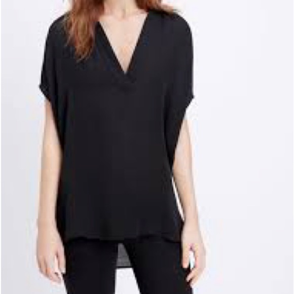 Vince 100% Silk Cap Sleeve Split Neck Sheer Tunic Length Blouse in Black - Small - Picture 1 of 8